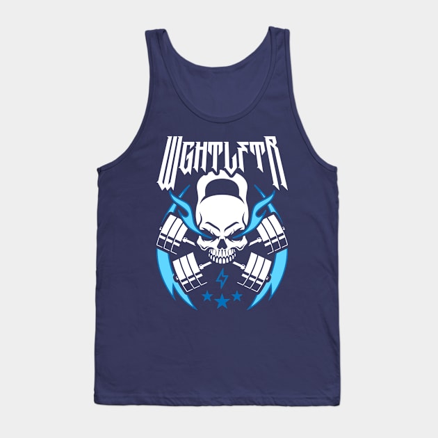 WGHTLFTR / Weightlifter (Kettlebell Skull Cross Barbell) Blue Blaze Tank Top by brogressproject